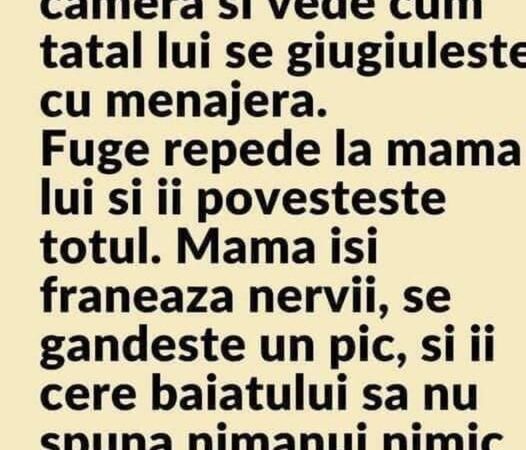 Copilul Intra In Camera Si Vede Cum Tatal Lui Se Giugiuleste Cu Menajera. Fuge Repede La Mama Lui Si Ii Povesteste Totul. Mama Isi Franeaza Nervii Se Gandeste Un Pic Si Ii Cere Baiatului Sa