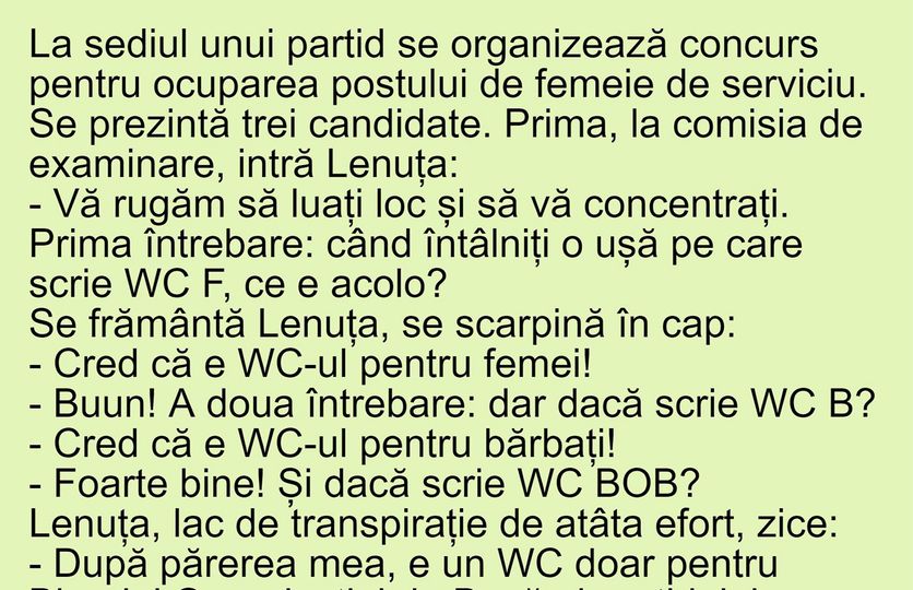 Bancul de luni  La sediul unui partid se organizează concurs pentru postul de femeie de serviciu