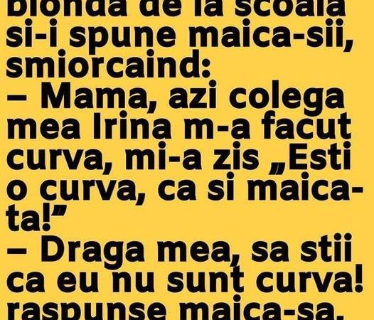 Vine Alinuta cea blonda de la scoala si-i spune maica-sii smiorcaind Mama azi colega mea Irina m-a facut curva mi-a zis Esti o curva ca si maica-ta Draga mea sa stii ca eu